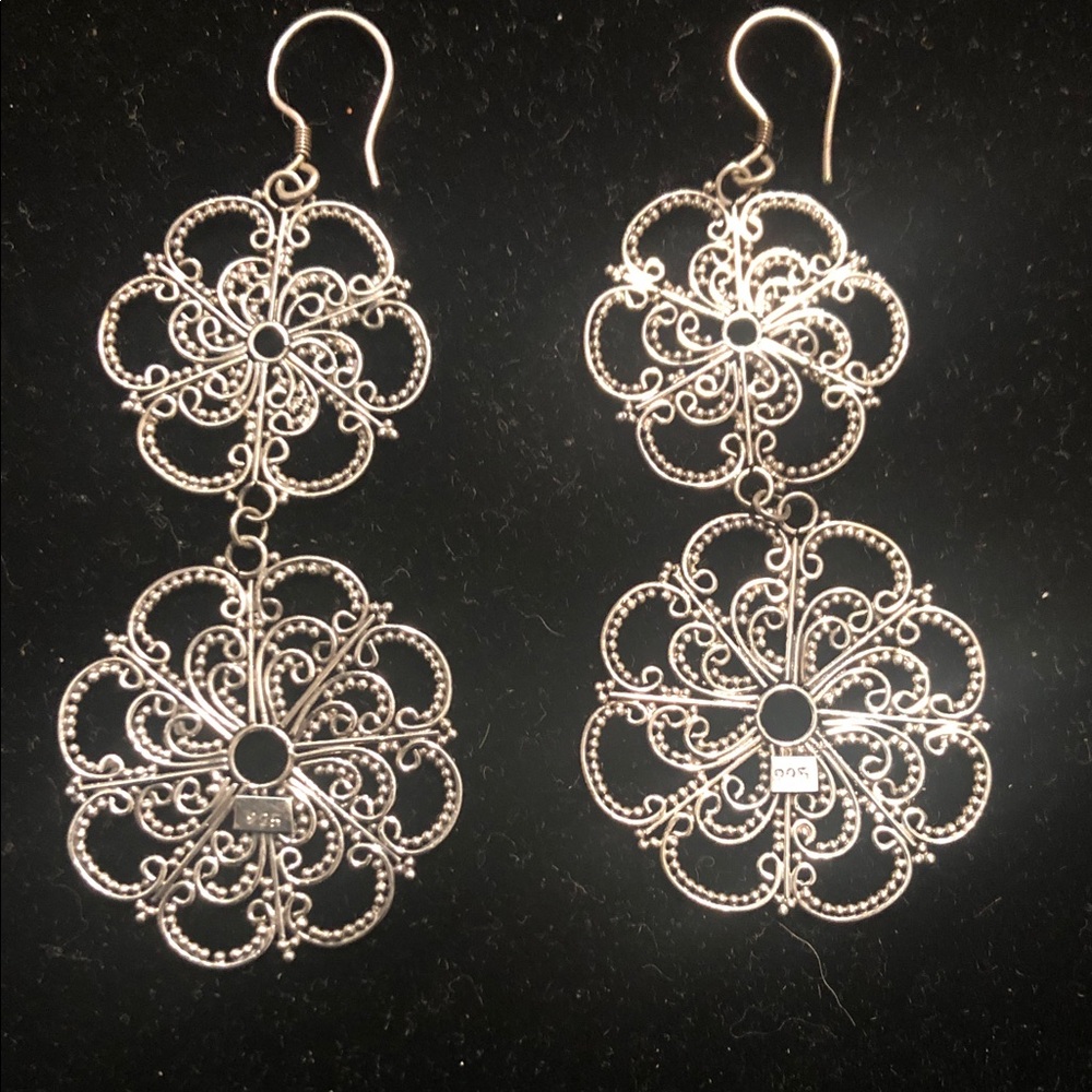 925 Silver Filigree Double Drop Earrings